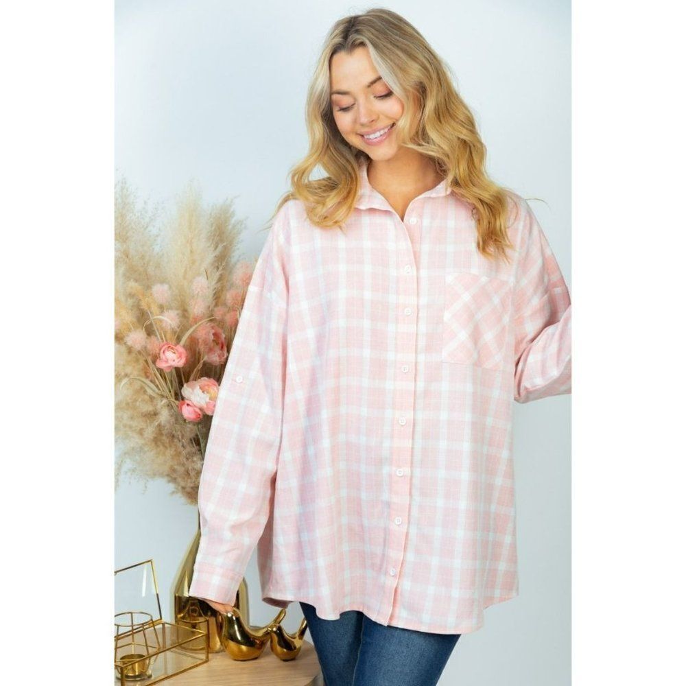 SALE! WHITE BIRCH Clothing Pink and White Plaid Shacket Button up Shirt T23663X - Picture 3 of 5